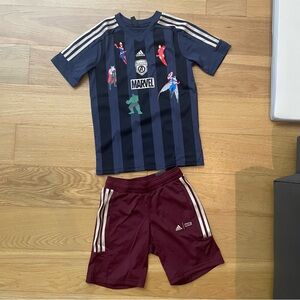 Adidas kids Marvel Avengers soccer tea and shorts set (completely new with tag)